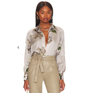 ALL SAINTS Oana Cordelia Print Button-Up Shirt Silver Floral Size 10 Long Sleeve